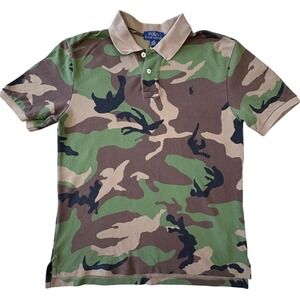 Polo Ralph Lauren Polo Shirt Kids L 14-16 Green Camo Cotton Pique Short Sleeve